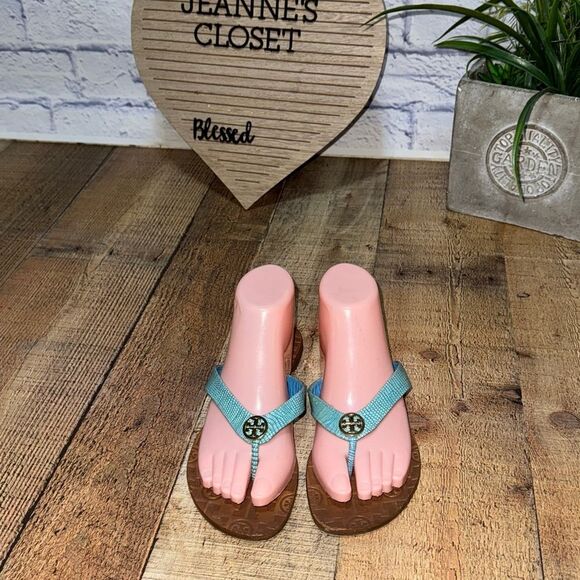 Tory Burch Blue Patent THORA Gold Logo Flip Flop Sandal US 7 M - Picture 9 of 14